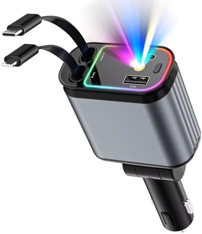 4 in 1 Retractable USB C Car Charger with Starry Sky Light, Fast Charging Adapter & Dual Charge Ports|B0DZ2N8ZXV