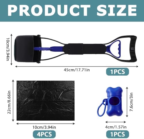 Portable Dog Poop Scoop Set with Waste Bag Dispenser and Waste Bag, 45 cm Foldable Long Handle Dog Waste Gripper, Pooper Scooter for Large, Small Dogs (Blue)|B0D8L7WMJP