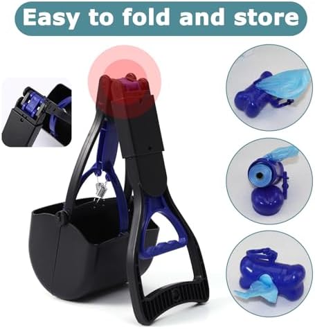 Portable Dog Poop Scoop Set with Waste Bag Dispenser and Waste Bag, 45 cm Foldable Long Handle Dog Waste Gripper, Pooper Scooter for Large, Small Dogs (Blue)|B0D8L7WMJP