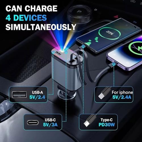 4 in 1 Retractable USB C Car Charger with Starry Sky Light, Fast Charging Adapter & Dual Charge Ports|B0DZ2N8ZXV