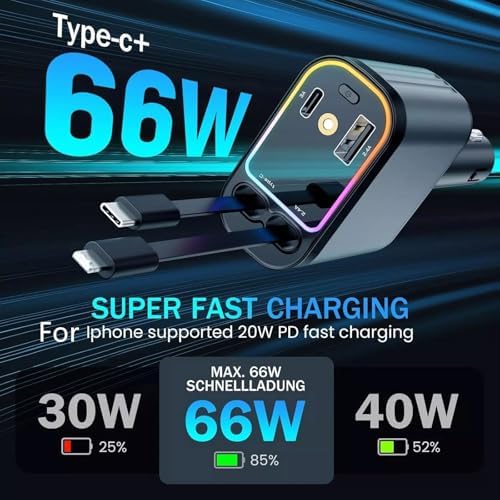 4 in 1 Retractable USB C Car Charger with Starry Sky Light, Fast Charging Adapter & Dual Charge Ports|B0DZ2N8ZXV