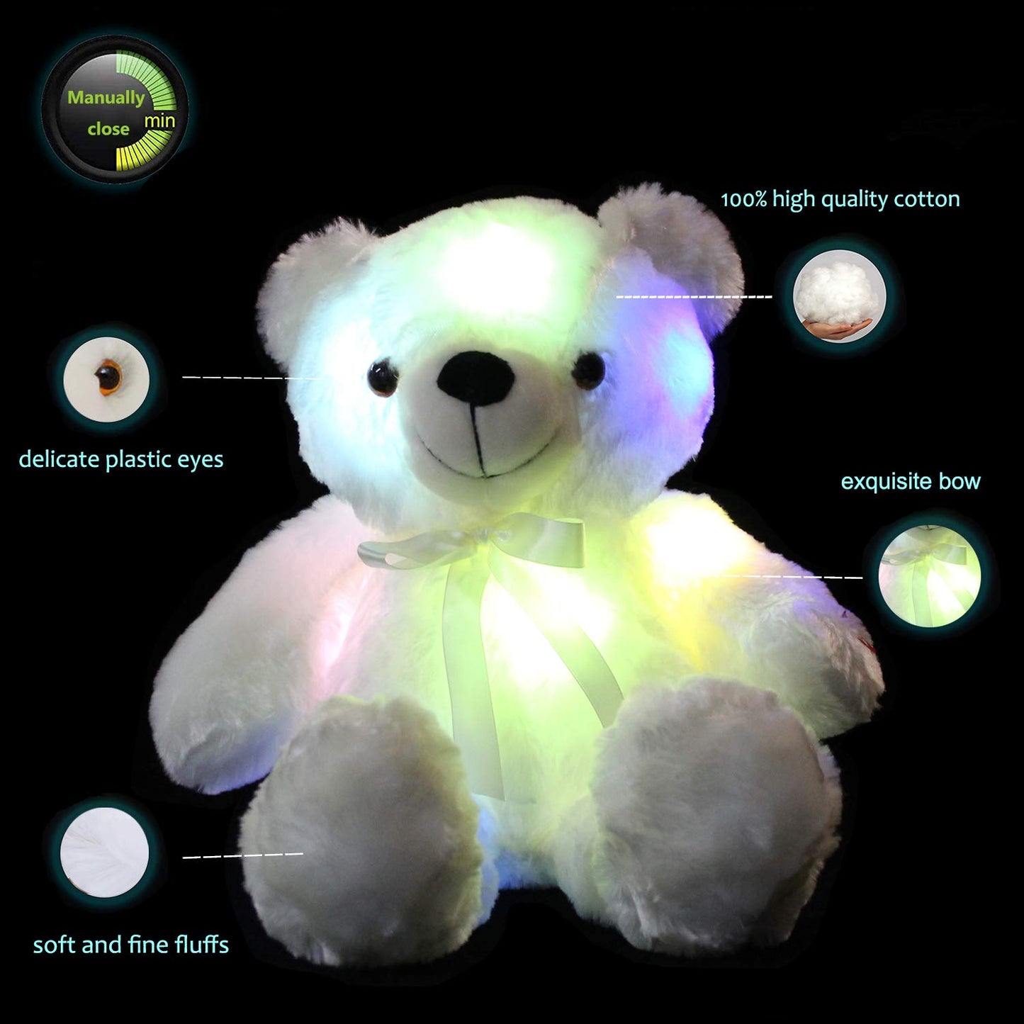 Light Up Teddy Bear Stuffed Animal 18" LED Glow Plush Toy with Night Light
