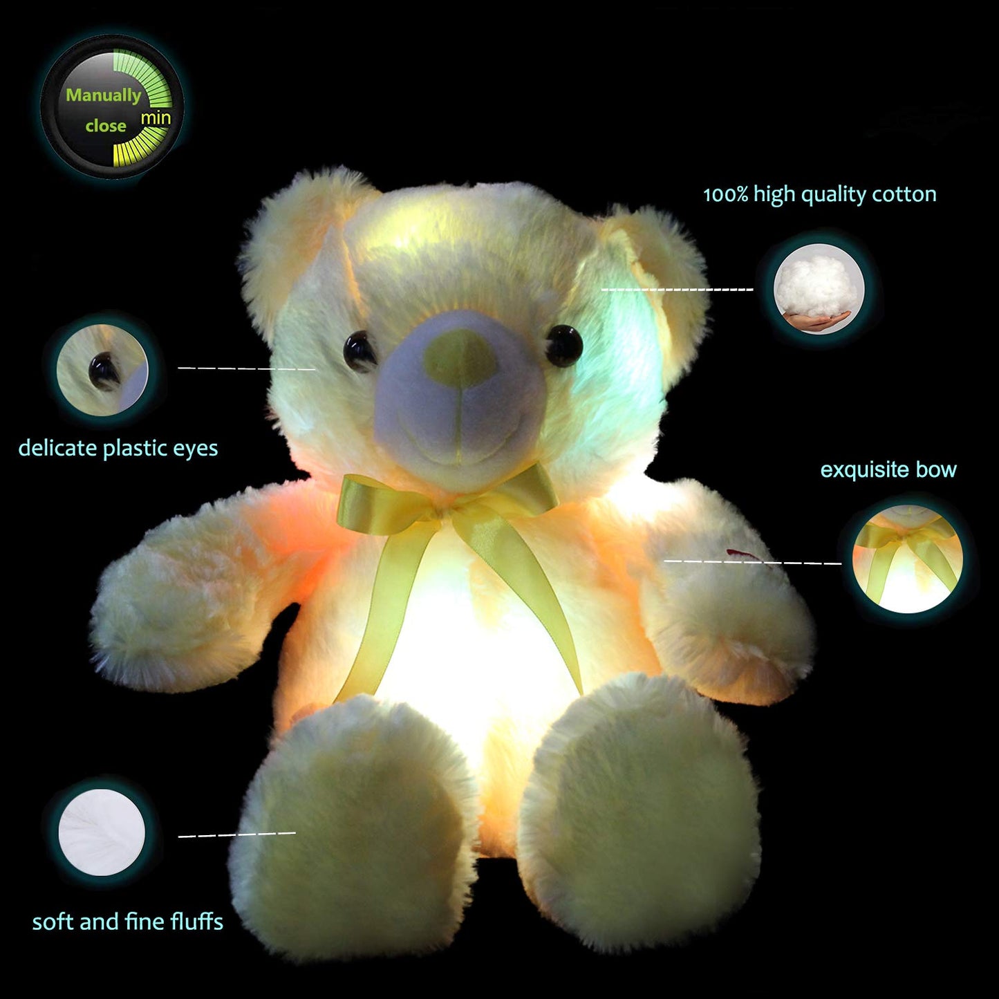 Light Up Teddy Bear Stuffed Animal 18" LED Glow Plush Toy with Night Light