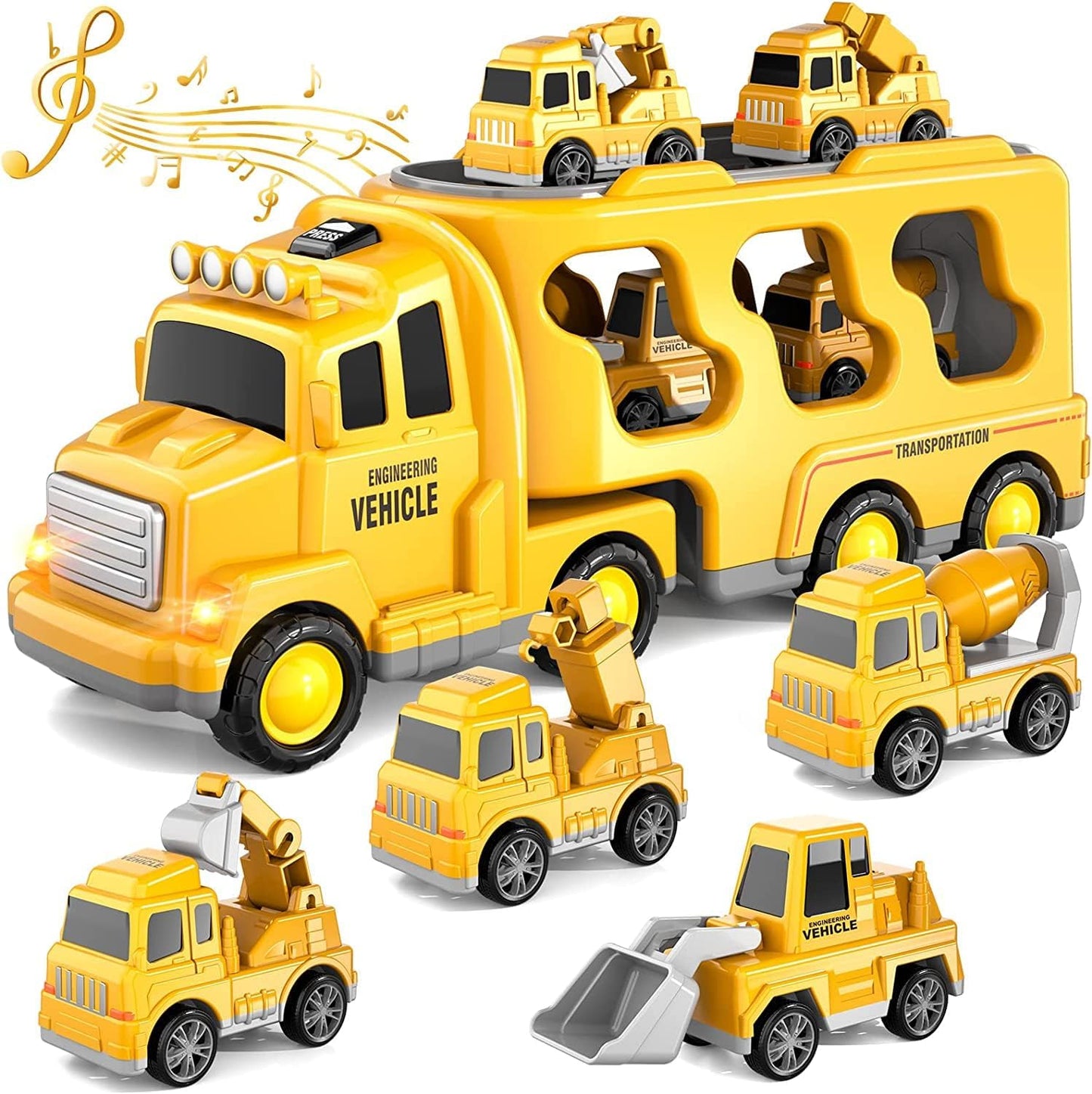 KukuFun Kids Construction Car Toy Truck for Toddlers Boys Girls 1 2 3 4 5 6 Years Old, 5 in 1 Toddler Trucks Toys for Boys Age 1-3 3-5, Boy Toys Christmas Birthday Gift Car Sets with Light Sound
