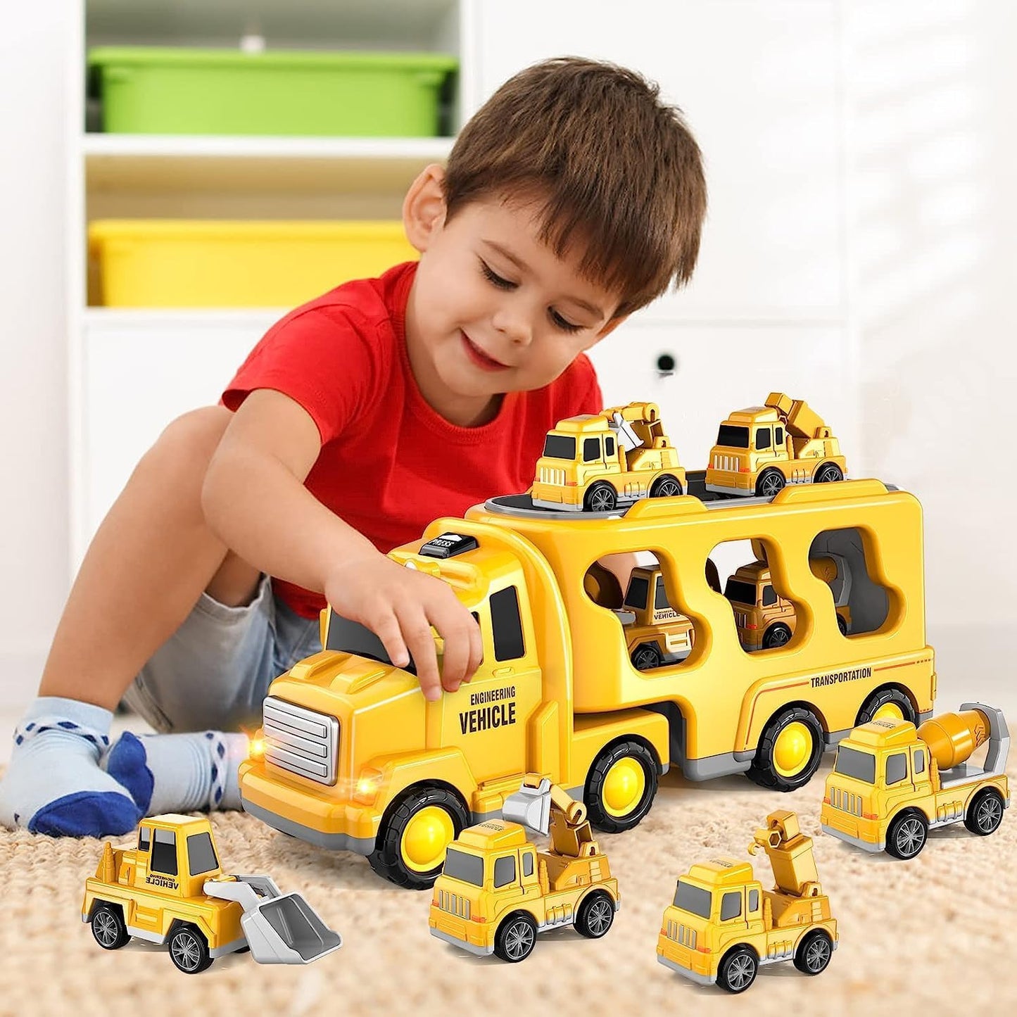 KukuFun Kids Construction Car Toy Truck for Toddlers Boys Girls 1 2 3 4 5 6 Years Old, 5 in 1 Toddler Trucks Toys for Boys Age 1-3 3-5, Boy Toys Christmas Birthday Gift Car Sets with Light Sound