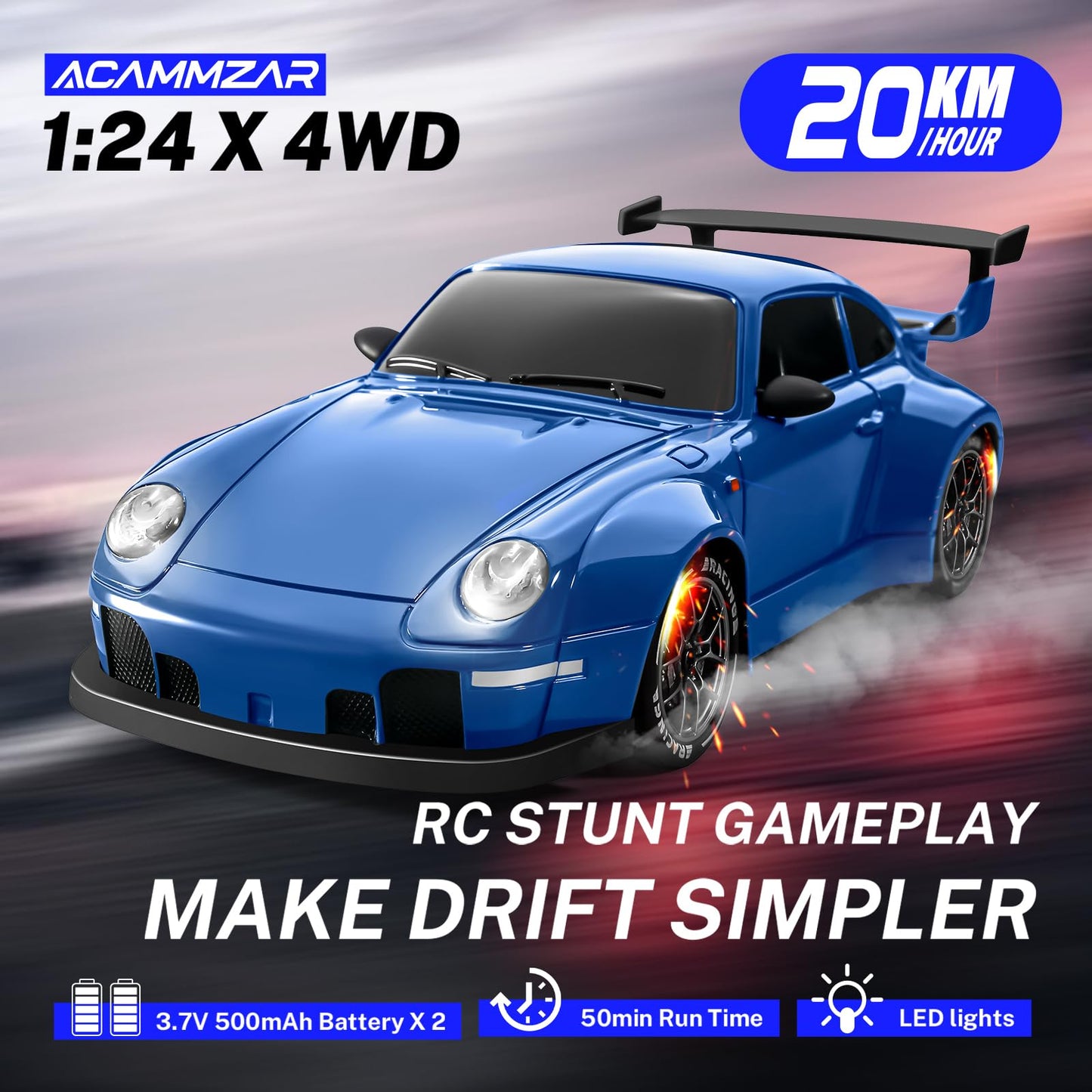 ACAMMZAR RC Drift Car, 1:24 Remote Control Car for Kids