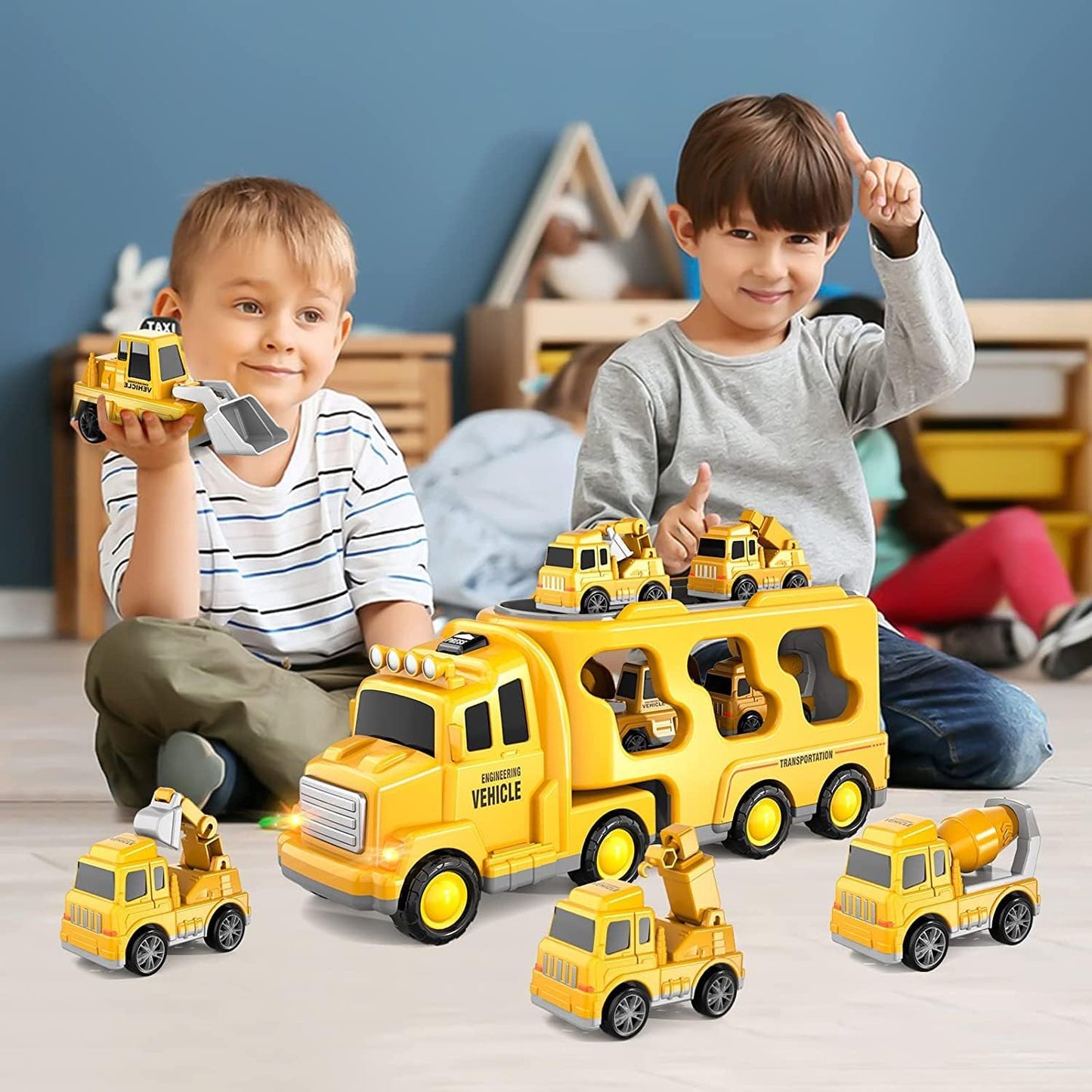 KukuFun Kids Construction Car Toy Truck for Toddlers Boys Girls 1 2 3 4 5 6 Years Old, 5 in 1 Toddler Trucks Toys for Boys Age 1-3 3-5, Boy Toys Christmas Birthday Gift Car Sets with Light Sound