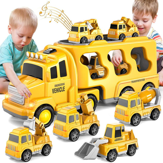 KukuFun Kids Construction Car Toy Truck for Toddlers Boys Girls 1 2 3 4 5 6 Years Old, 5 in 1 Toddler Trucks Toys for Boys Age 1-3 3-5, Boy Toys Christmas Birthday Gift Car Sets with Light Sound