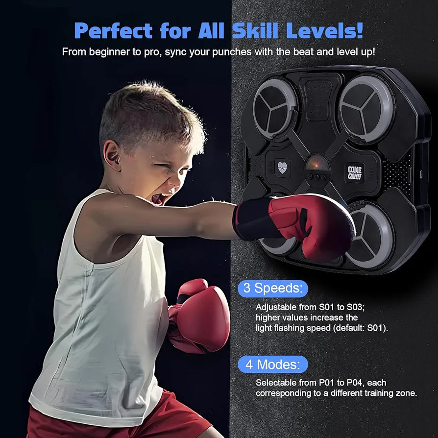 Smart Music Boxing Machine - Bluetooth Wall Mounted Punching Equipment, 3 Speed Levels, Sync LED Lights, USB Charging, Kid-Safe ABS with Boxing Gloves Gift