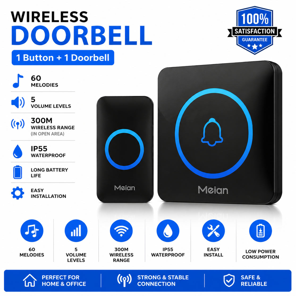 Wireless Doorbell Kit 1/2 Button Smart Waterproof